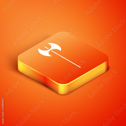 Isometric Medieval axe icon isolated on orange background. Battle axe, executioner axe. Medieval weapon. Vector Illustration