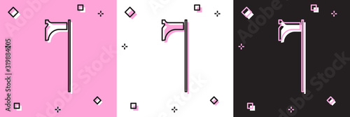 Set Medieval axe icon isolated on pink and white, black background. Battle axe, executioner axe. Medieval weapon. Vector Illustration
