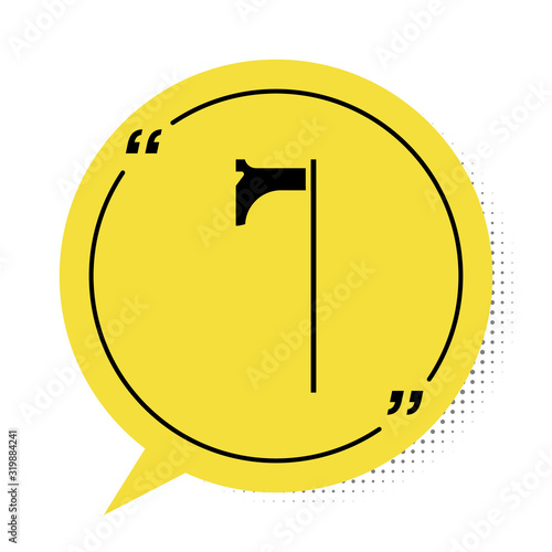 Black Medieval axe icon isolated on white background. Battle axe, executioner axe. Medieval weapon. Yellow speech bubble symbol. Vector Illustration
