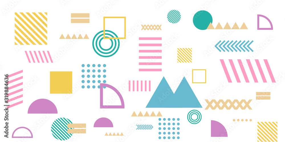 Memphis simple colorful yellow green pink abstract circle line rectangle box arrow cross mountain river pie egypt basic shape background for shirt. Suit for pattern and presentation background.