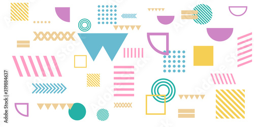 Memphis simple colorful yellow green pink abstract circle line rectangle box arrow cross mountain river pie egypt basic shape background for shirt. Suit for pattern and presentation background.