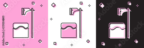 Set Executioner axe in tree block icon isolated on pink and white, black background. Hangman, torturer, executor, tormentor, butcher, headsman. Vector Illustration