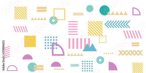 Memphis simple colorful yellow green pink abstract circle line rectangle box arrow cross mountain river pie egypt basic shape background for shirt. Suit for pattern and presentation background.