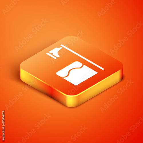 Isometric Executioner axe in tree block icon isolated on orange background. Hangman, torturer, executor, tormentor, butcher, headsman. Vector Illustration