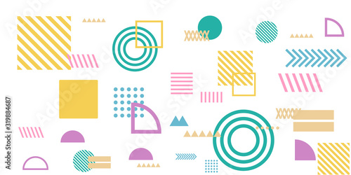 Memphis simple colorful yellow green pink abstract circle line rectangle box arrow cross mountain river pie egypt basic shape background for shirt. Suit for pattern and presentation background.
