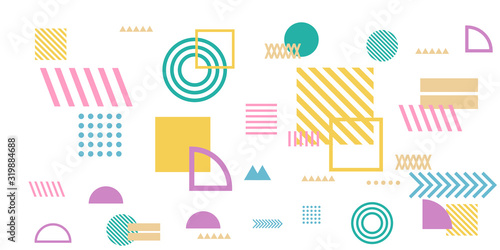 Memphis simple colorful yellow green pink abstract circle line rectangle box arrow cross mountain river pie egypt basic shape background for shirt. Suit for pattern and presentation background.