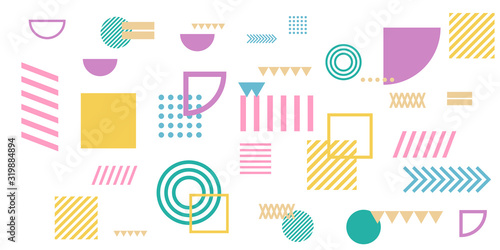 Memphis simple colorful yellow green pink abstract circle line rectangle box arrow cross mountain river pie egypt basic shape background for shirt. Suit for pattern and presentation background.