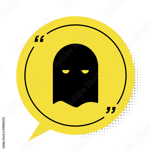 Black Executioner mask icon isolated on white background. Hangman, torturer, executor, tormentor, butcher, headsman icon. Yellow speech bubble symbol. Vector Illustration