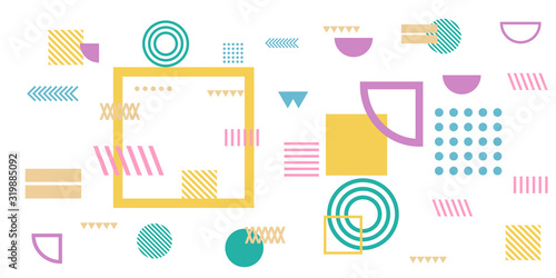Memphis simple colorful yellow green pink abstract circle line rectangle box arrow cross mountain river pie egypt basic shape background for shirt. Suit for pattern and presentation background.