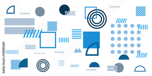 Memphis simple blue abstract circle line rectangle box arrow cross mountain river pie egypt basic shape background for shirt. Suit for pattern and presentation background.