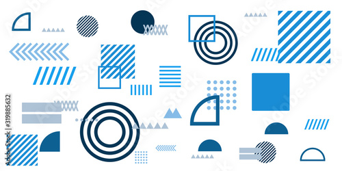 Memphis simple blue abstract circle line rectangle box arrow cross mountain river pie egypt basic shape background for shirt. Suit for pattern and presentation background.
