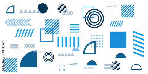 Memphis simple blue abstract circle line rectangle box arrow cross mountain river pie egypt basic shape background for shirt. Suit for pattern and presentation background.