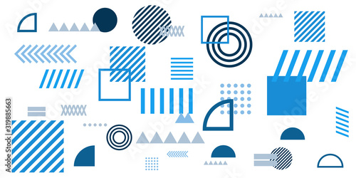 Memphis simple blue abstract circle line rectangle box arrow cross mountain river pie egypt basic shape background for shirt. Suit for pattern and presentation background.