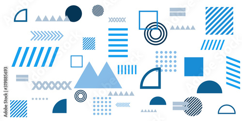 Memphis simple blue abstract circle line rectangle box arrow cross mountain river pie egypt basic shape background for shirt. Suit for pattern and presentation background.