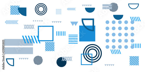 Memphis simple blue abstract circle line rectangle box arrow cross mountain river pie egypt basic shape background for shirt. Suit for pattern and presentation background.