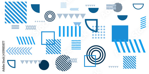 Memphis simple blue abstract circle line rectangle box arrow cross mountain river pie egypt basic shape background for shirt. Suit for pattern and presentation background.