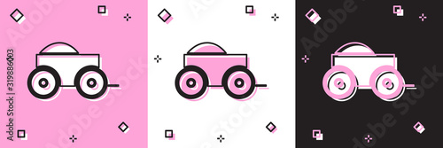 Set Wooden four-wheel cart with hay icon isolated on pink and white, black background. Vector Illustration