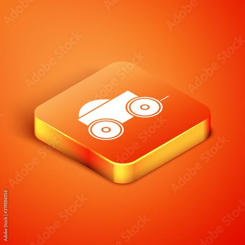 Isometric Wooden four-wheel cart with hay icon isolated on orange background. Vector Illustration