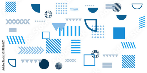 Memphis simple blue abstract circle line rectangle box arrow cross mountain river pie egypt basic shape background for shirt. Suit for pattern and presentation background.