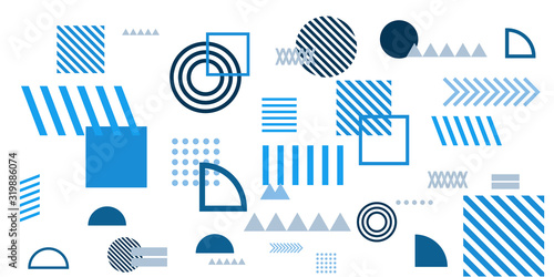 Memphis simple blue abstract circle line rectangle box arrow cross mountain river pie egypt basic shape background for shirt. Suit for pattern and presentation background.