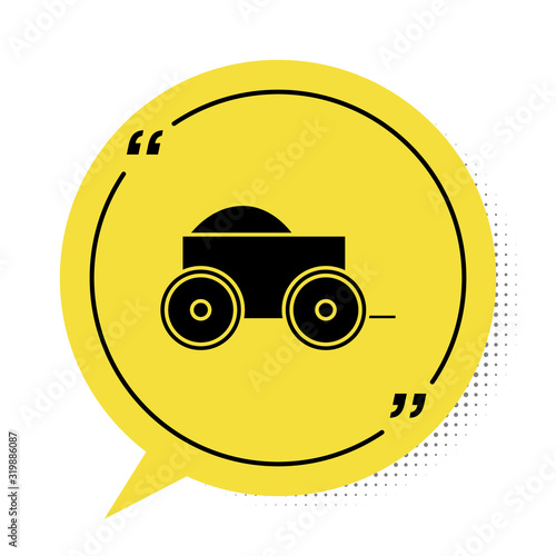 Black Wooden four-wheel cart with hay icon isolated on white background. Yellow speech bubble symbol. Vector Illustration