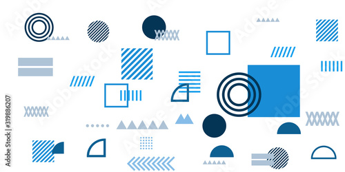 Memphis simple blue abstract circle line rectangle box arrow cross mountain river pie egypt basic shape background for shirt. Suit for pattern and presentation background.