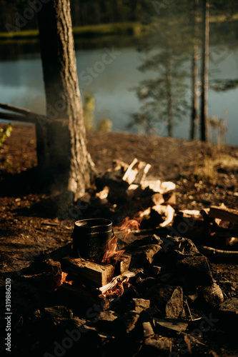 sunset in the forest picnic fire