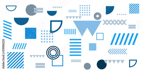 Memphis simple blue abstract circle line rectangle box arrow cross mountain river pie egypt basic shape background for shirt. Suit for pattern and presentation background.