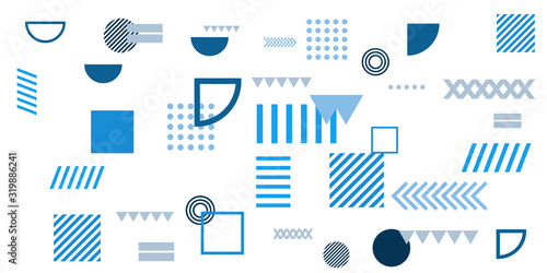 Memphis simple blue abstract circle line rectangle box arrow cross mountain river pie egypt basic shape background for shirt. Suit for pattern and presentation background.