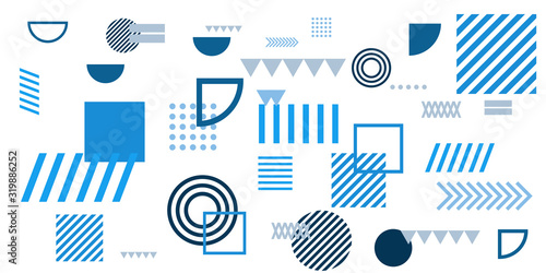 Memphis simple blue abstract circle line rectangle box arrow cross mountain river pie egypt basic shape background for shirt. Suit for pattern and presentation background.