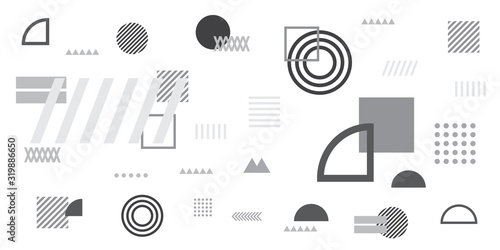 Memphis simple black white greyscale abstract circle line rectangle box arrow cross mountain river pie egypt basic shape background for shirt. Suit for pattern and presentation background.