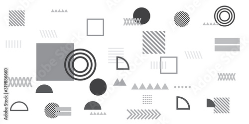 Memphis simple black white greyscale abstract circle line rectangle box arrow cross mountain river pie egypt basic shape background for shirt. Suit for pattern and presentation background.
