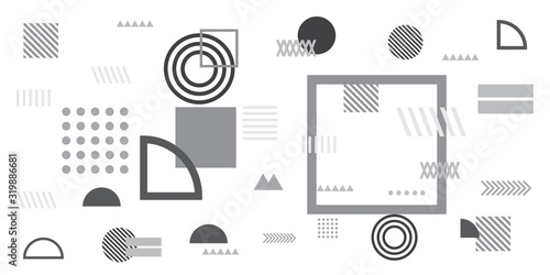 Memphis simple black white greyscale abstract circle line rectangle box arrow cross mountain river pie egypt basic shape background for shirt. Suit for pattern and presentation background.