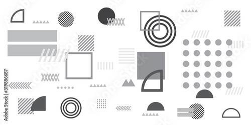 Memphis simple black white greyscale abstract circle line rectangle box arrow cross mountain river pie egypt basic shape background for shirt. Suit for pattern and presentation background.