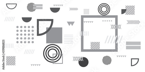 Memphis simple black white greyscale abstract circle line rectangle box arrow cross mountain river pie egypt basic shape background for shirt. Suit for pattern and presentation background.