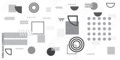Memphis simple black white greyscale abstract circle line rectangle box arrow cross mountain river pie egypt basic shape background for shirt. Suit for pattern and presentation background.