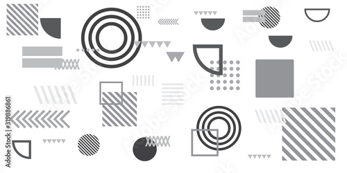 Memphis simple black white greyscale abstract circle line rectangle box arrow cross mountain river pie egypt basic shape background for shirt. Suit for pattern and presentation background.
