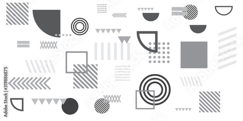 Memphis simple black white greyscale abstract circle line rectangle box arrow cross mountain river pie egypt basic shape background for shirt. Suit for pattern and presentation background.