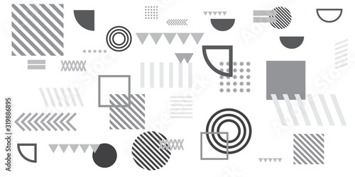Memphis simple black white greyscale abstract circle line rectangle box arrow cross mountain river pie egypt basic shape background for shirt. Suit for pattern and presentation background.