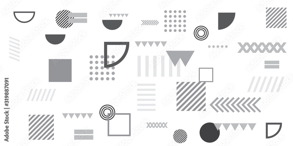 Memphis simple black white greyscale abstract circle line rectangle box arrow cross mountain river pie egypt basic shape background for shirt. Suit for pattern and presentation background. Memphis simple black white greyscale abstract circle line rectangle box arrow cross mountain river pie egypt basic shape background for shirt. Suit for pattern and presentation background.