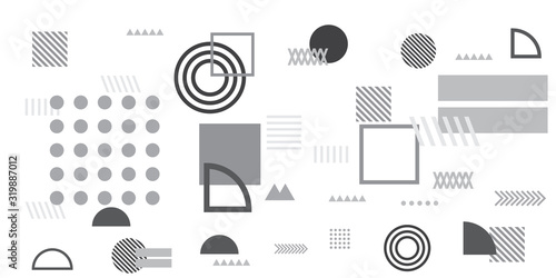 Memphis simple black white greyscale abstract circle line rectangle box arrow cross mountain river pie egypt basic shape background for shirt. Suit for pattern and presentation background.