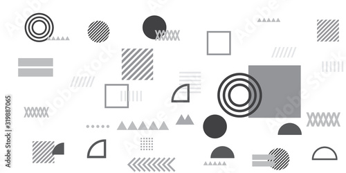 Memphis simple black white greyscale abstract circle line rectangle box arrow cross mountain river pie egypt basic shape background for shirt. Suit for pattern and presentation background.