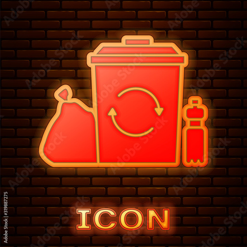 Glowing neon Recycle bin with recycle symbol icon isolated on brick wall background. Trash can icon. Garbage bin sign. Recycle basket. Vector Illustration