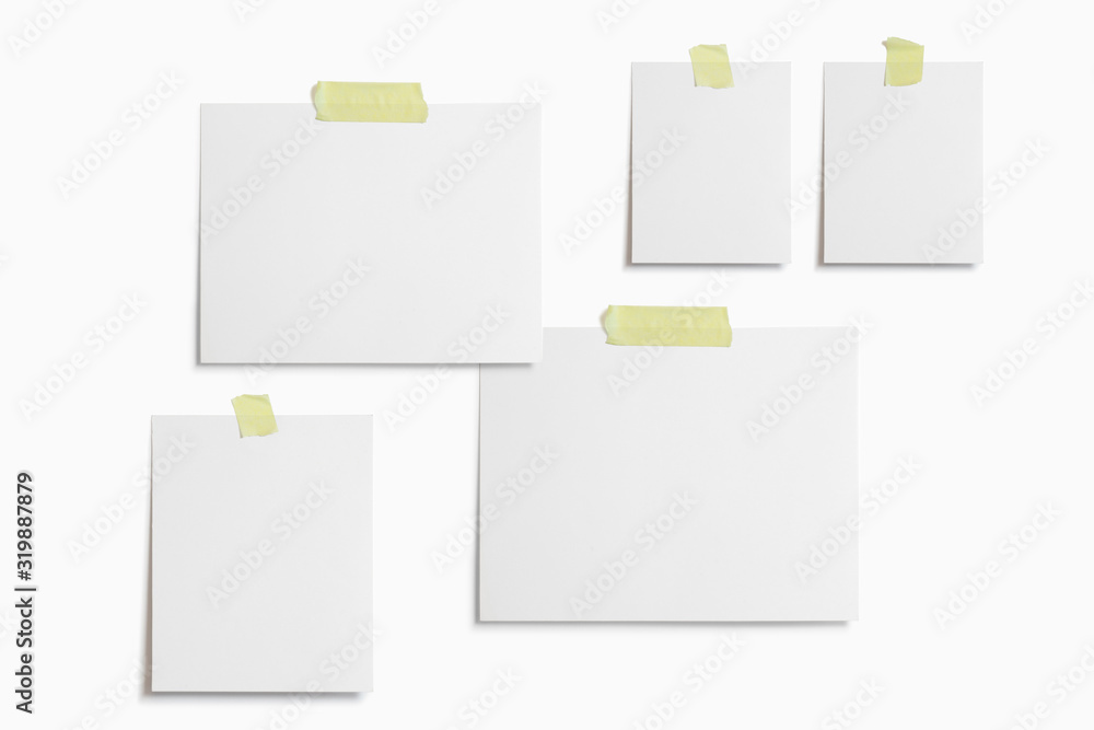 Moodboard template composition with blank photo cards, torn paper, polaroid frame glued with yellow adhesive tape and isolated on white for easy editing. Moodboard template composition with blank photo cards, torn paper, polaroid frame glued with yellow adhesive tape and isolated on white for easy editing.