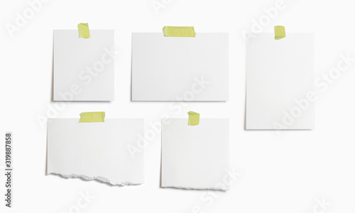 Moodboard template composition with blank photo cards, torn paper, polaroid frame glued with yellow adhesive tape and isolated on white for easy editing.