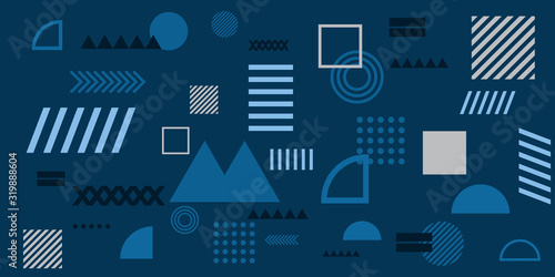 Memphis simple blue abstract circle line rectangle box arrow cross mountain river pie egypt basic shape background for shirt. Suit for pattern and presentation background.