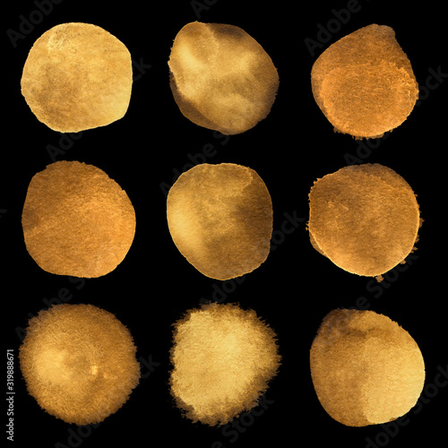 Watercolor gold circles isolated on black background. Bright color illustration set.