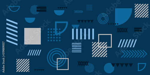 Memphis simple blue abstract circle line rectangle box arrow cross mountain river pie egypt basic shape background for shirt. Suit for pattern and presentation background.