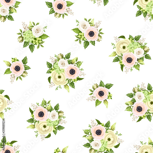 Vector seamless pattern with pink and white roses, anemones, ranunculus and lily of the valley flowers and green leaves.