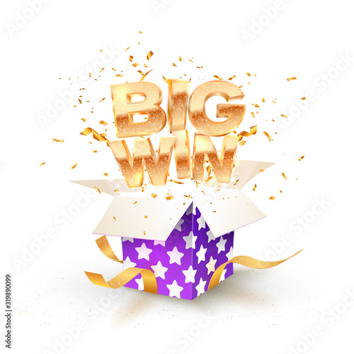 Open textured violet box with confetti explosion inside and big win gold word on white background. Isolated giftbox vector illustration